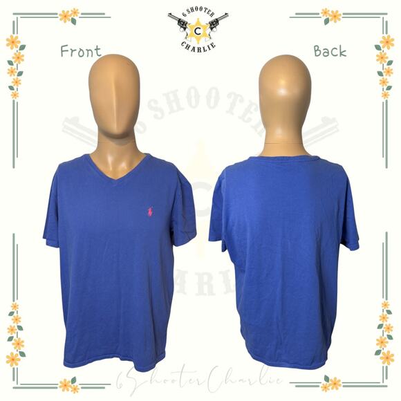 Polo Ralph Lauren Blue Cotton V Neck T-Shirt Embroidered Logo Men's Size Large - Picture 1 of 8